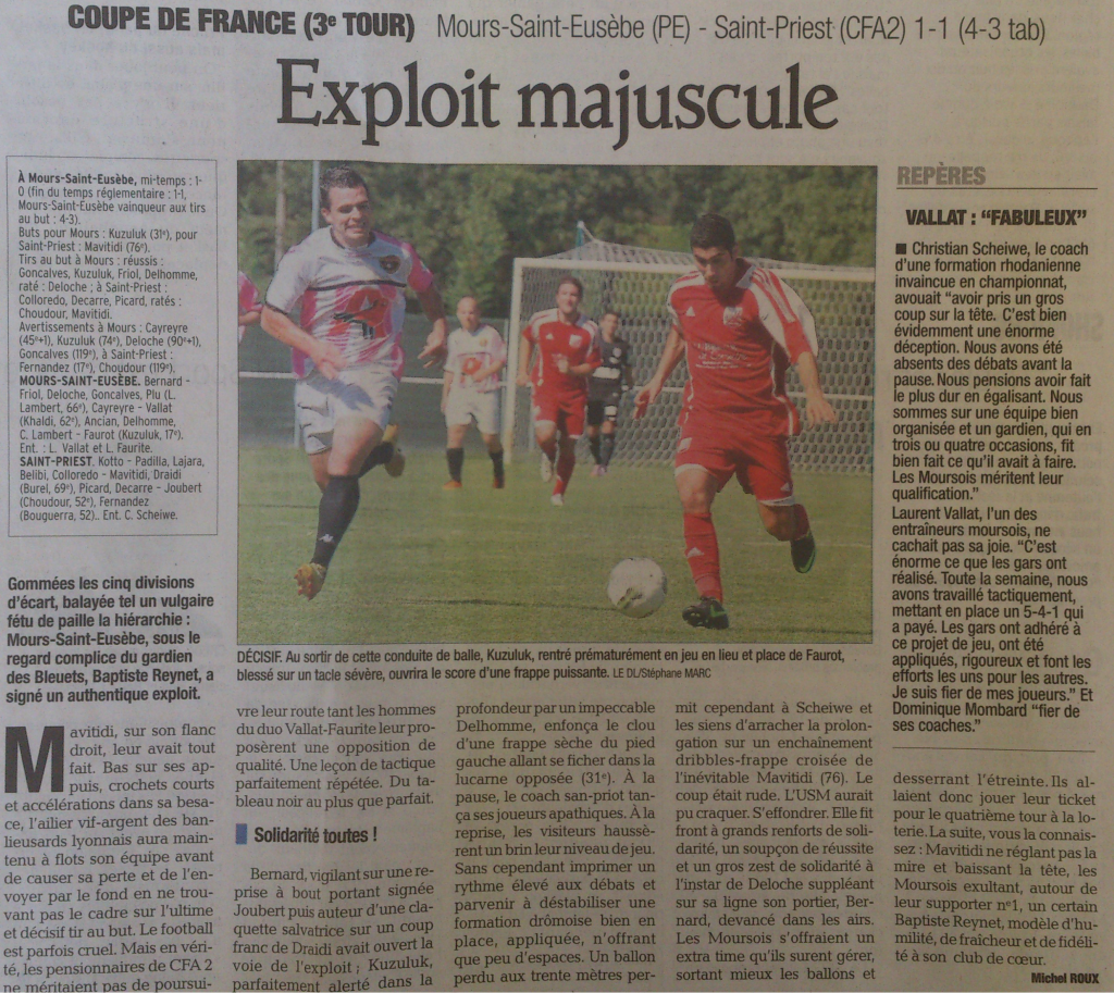 L'article du Dauphiné le lundi 17 septembre 2012 suite à l'exploit des moursois